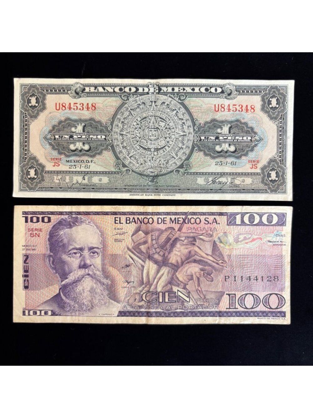 Vintage Banknote Lot Mexico 1, 100 Pesos Aztec Old Latin Revolution Currency